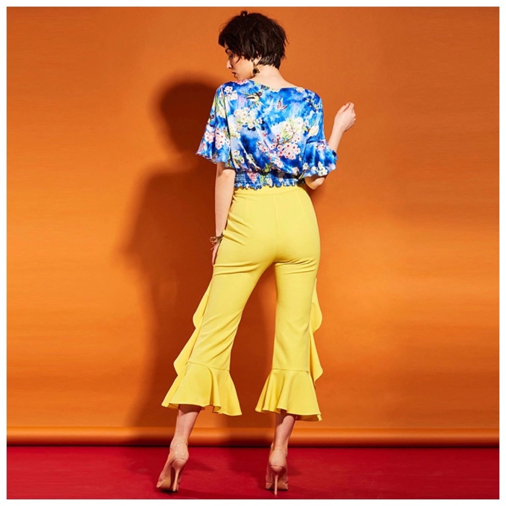 Bold Yellow Flared Ruffle Crop Stretch Pants - Picture 3 of 10